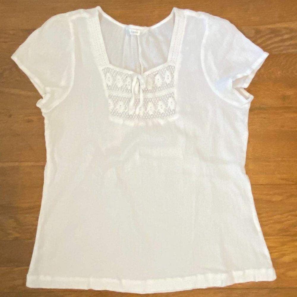 Izod Boho Cotton Crochet Short Sleeve Square Neck Womens Top Size L
